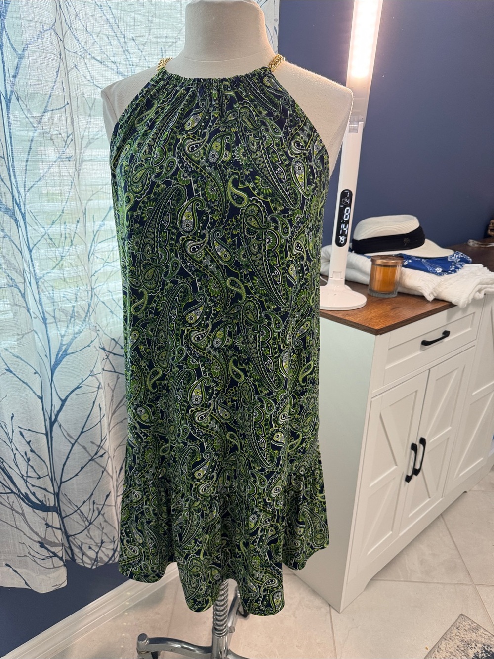 Michael Kors- Green Paisley Halter Dress with Ruffle Hem